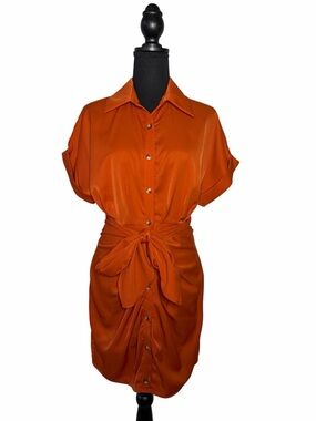 Cider Rust Button-Front Tie-Waist Satin Shirt Dress XS